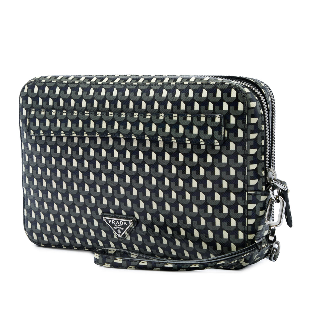Prada Pochette Geometric Portfolio Zippé Saffiano Bleu – vue 2 – GABY PARIS
