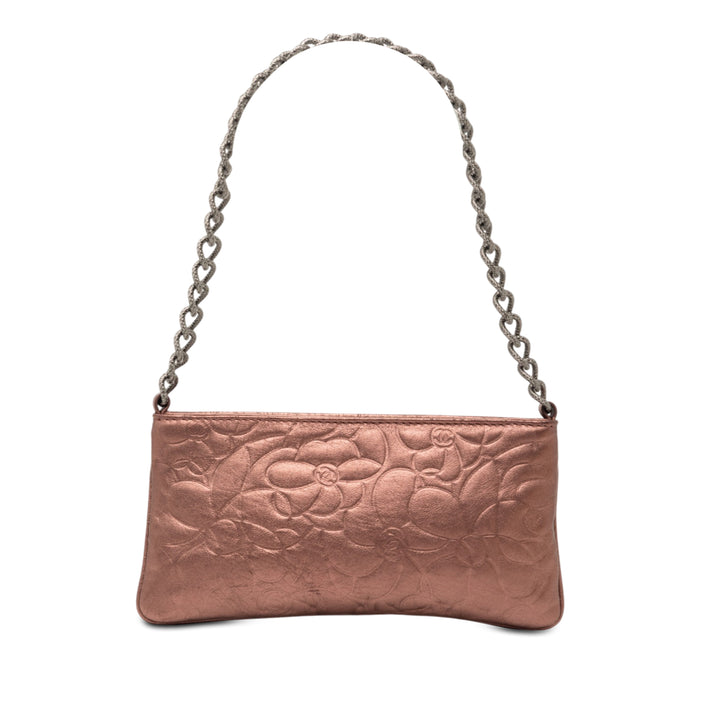 Chanel embossé Métallisé Camellia Chaîne Pochette Cuir d'agneau