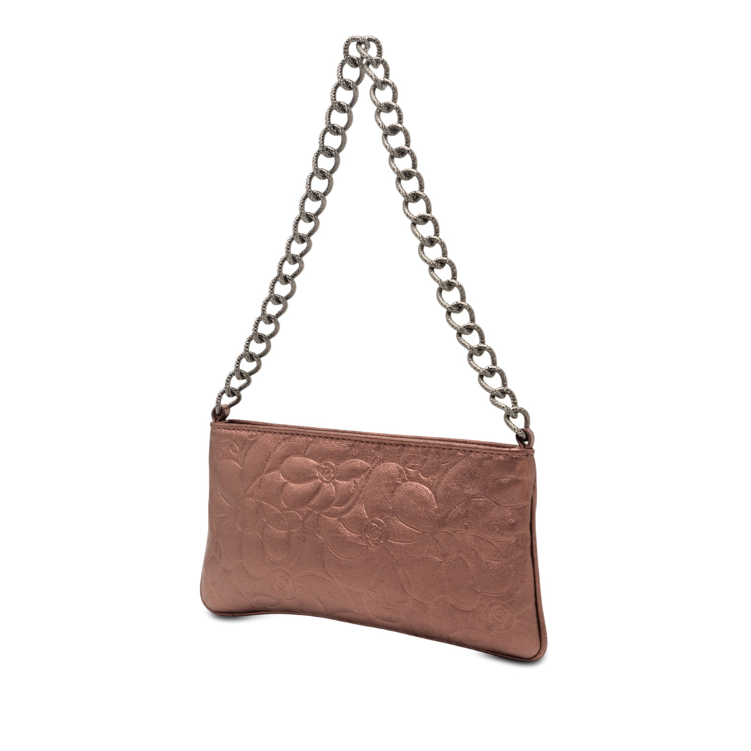 Chanel embossé Métallisé Camellia Chaîne Pochette Cuir d'agneau