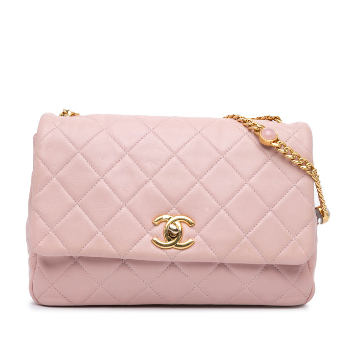 CC Quilted Lambskin Embellished Chain Flap Pink - Gaby Paris