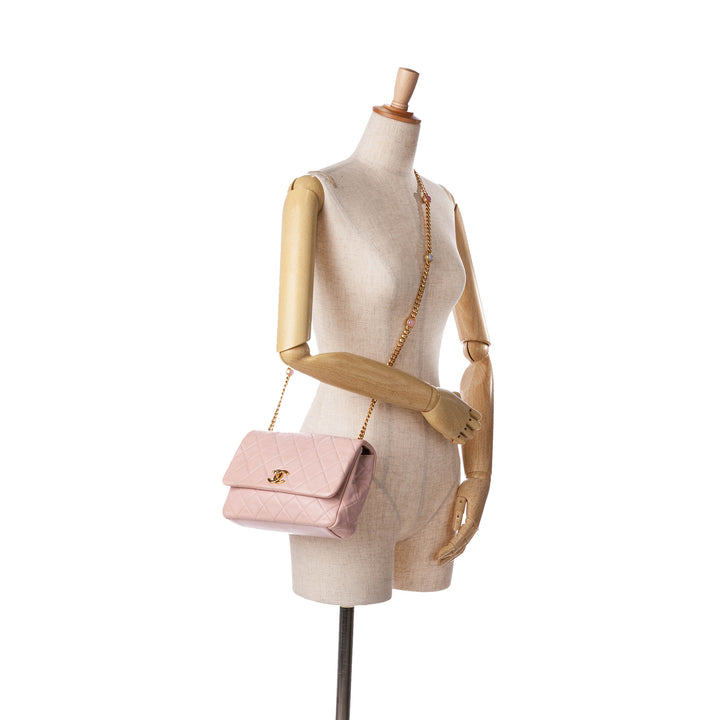 CC Quilted Lambskin Embellished Chain Flap Pink - Gaby Paris