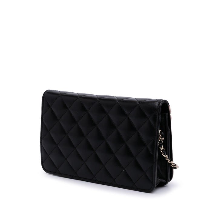 Bicolor Quilted Lambskin Camellia Wallet on Chain Black - Gaby Paris