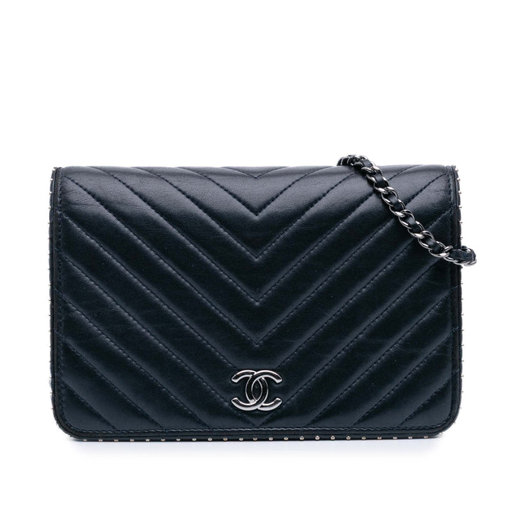Chevron Lambskin Studded Wallet On Chain Blue - Gaby Paris
