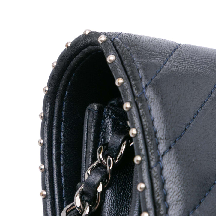 Chevron Lambskin Studded Wallet On Chain Blue - Gaby Paris