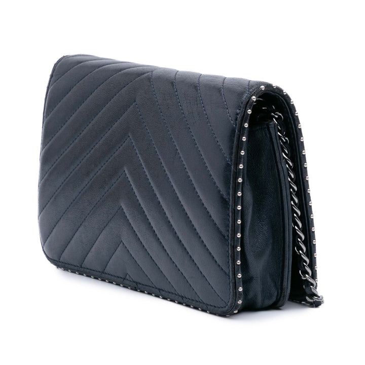 Chevron Lambskin Studded Wallet On Chain Blue - Gaby Paris