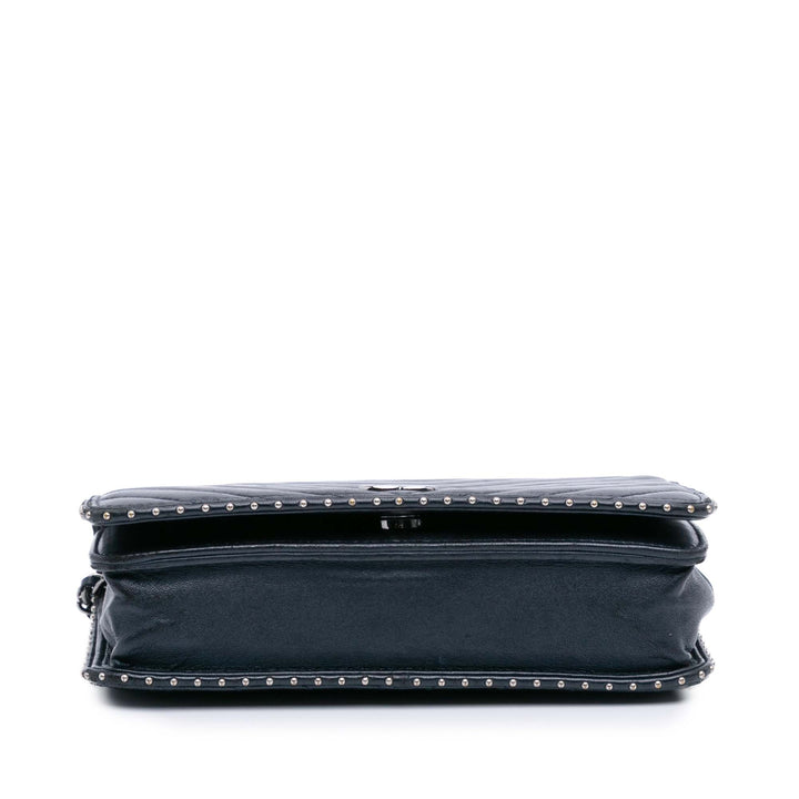 Chevron Lambskin Studded Wallet On Chain Blue - Gaby Paris