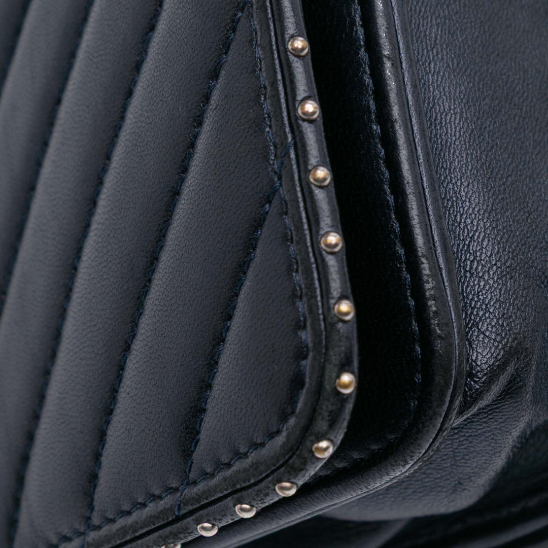 Chevron Lambskin Studded Wallet On Chain Blue - Gaby Paris
