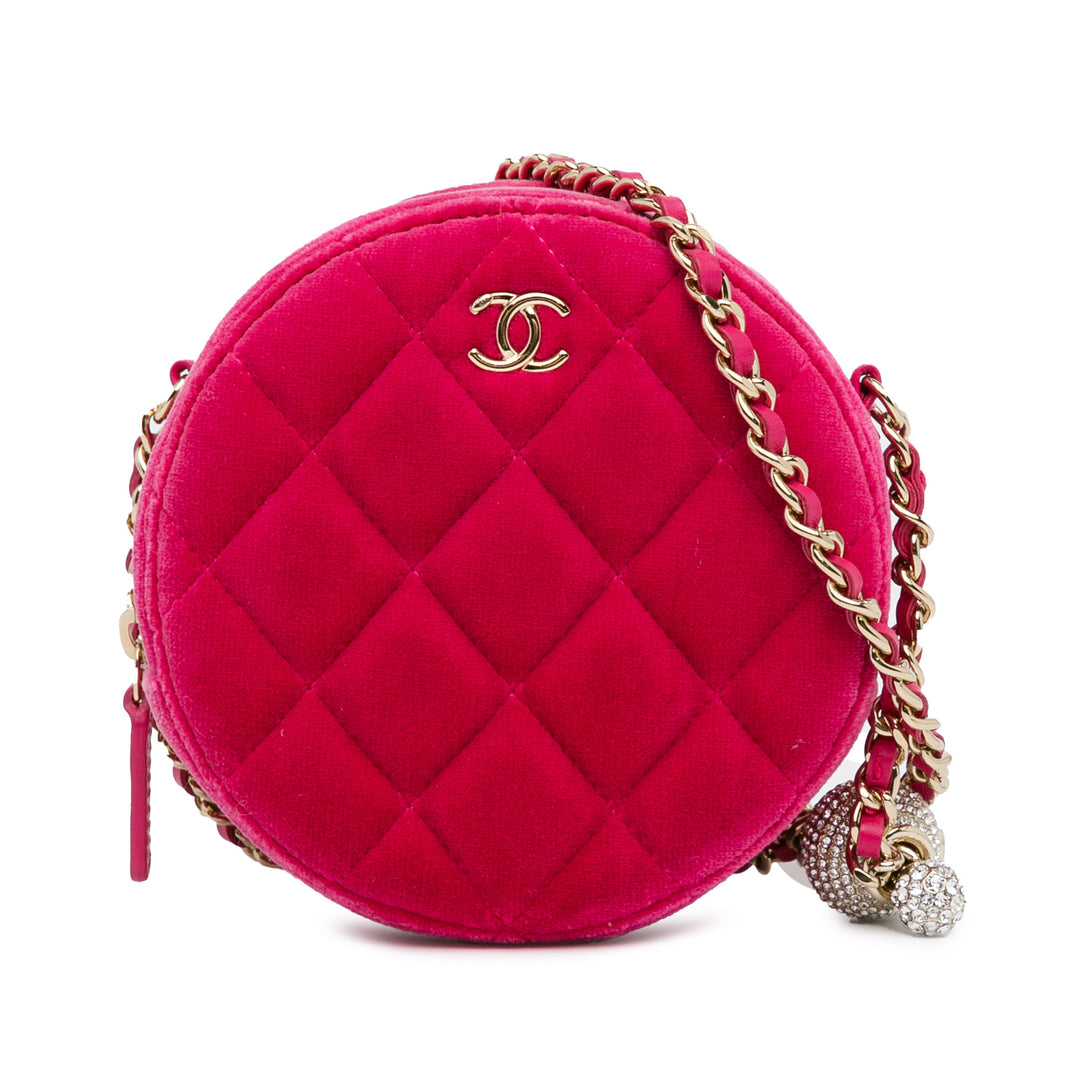 Velvet Pearl Crush Round Clutch with Chain Pink - Gaby Paris