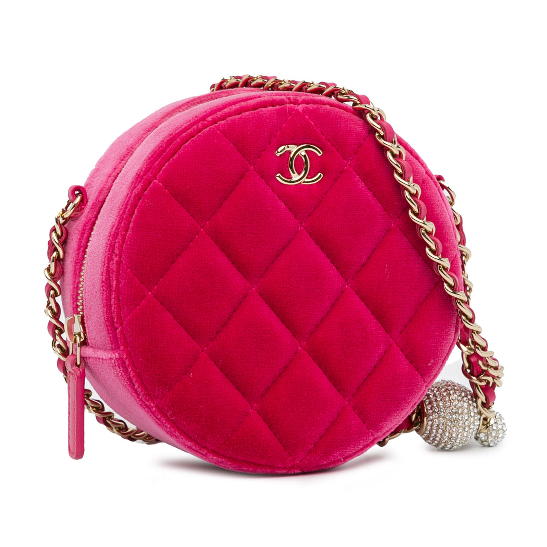 Velvet Pearl Crush Round Clutch with Chain Pink - Gaby Paris