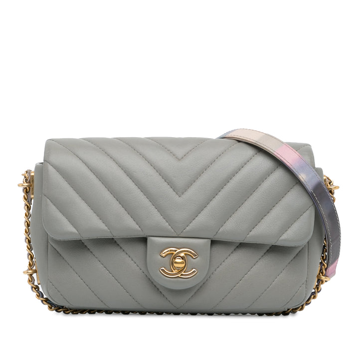 Mini Rectangular Chevron Lambskin Chain Around Flap Gray - Gaby Paris