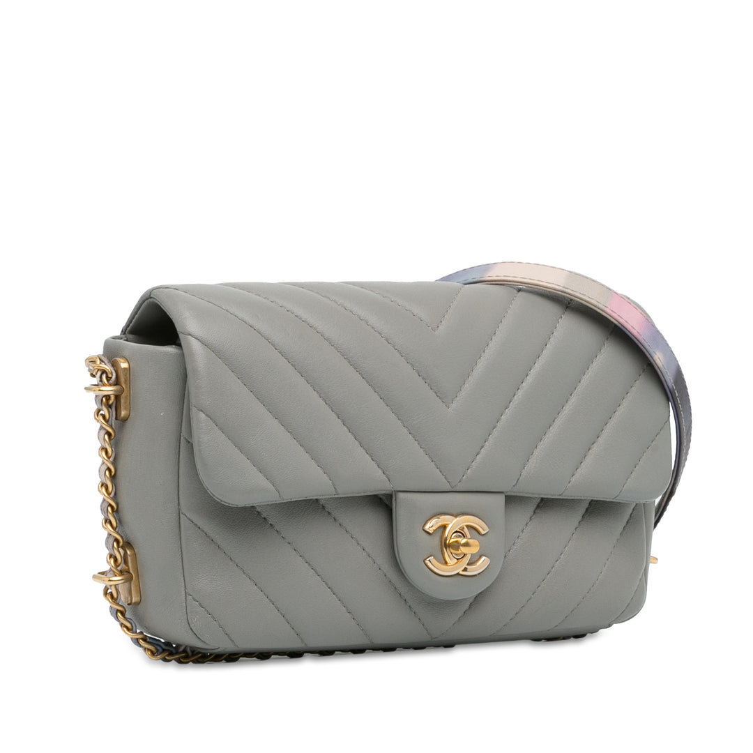 Mini Rectangular Chevron Lambskin Chain Around Flap Gray - Gaby Paris