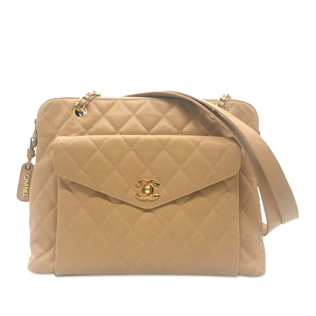 CC Quilted Caviar Front Pocket Shoulder Bag Brown - Gaby Paris