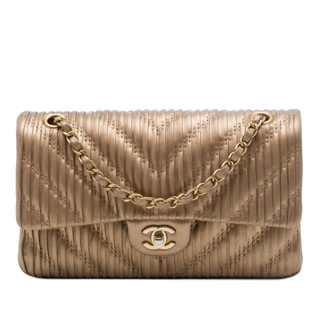 Classic Chevron Pleated Double rabat Moyen Cuir de veau Marron