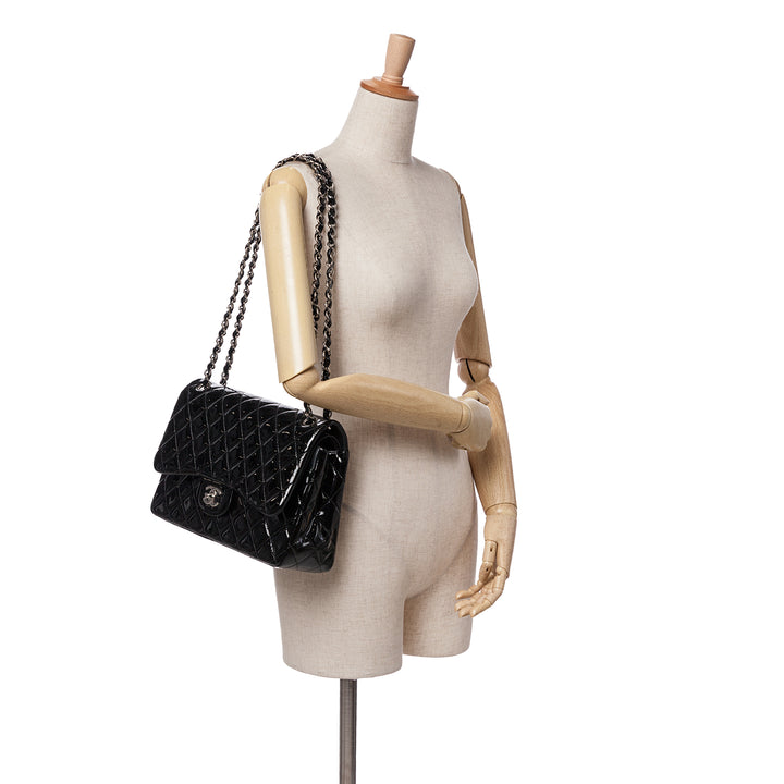 Jumbo Classic Patent Double Flap Black - Gaby Paris
