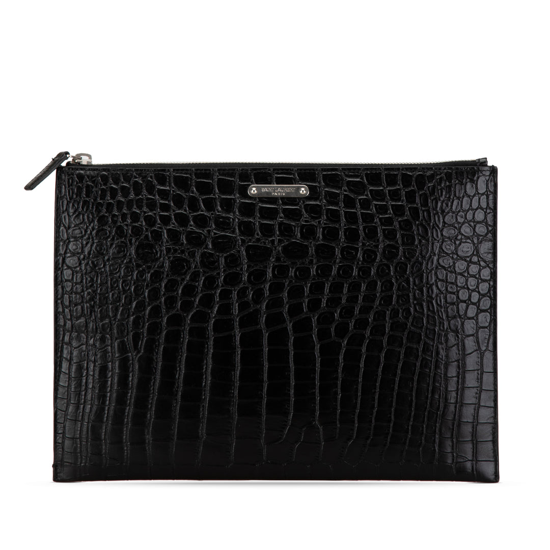 Croc Embossed Leather Clutch Black - Gaby Paris