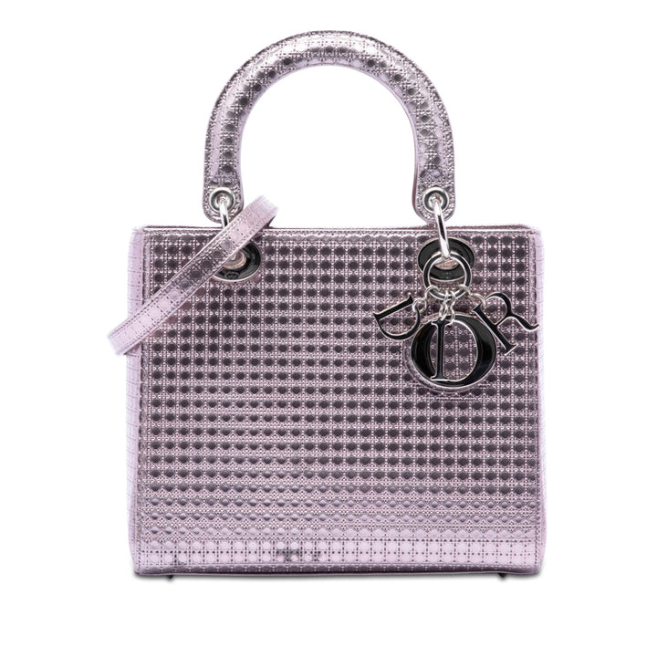Dior Medium Metallic Cuir verni Microcannage Lady Dior
