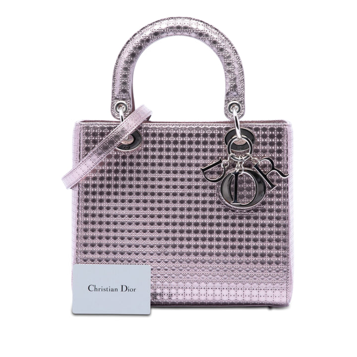 Dior Medium Metallic Cuir verni Microcannage Lady Dior