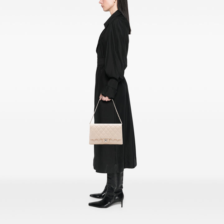 Matelassé à rabat Pochette avec chaîne Cuir caviar Marron