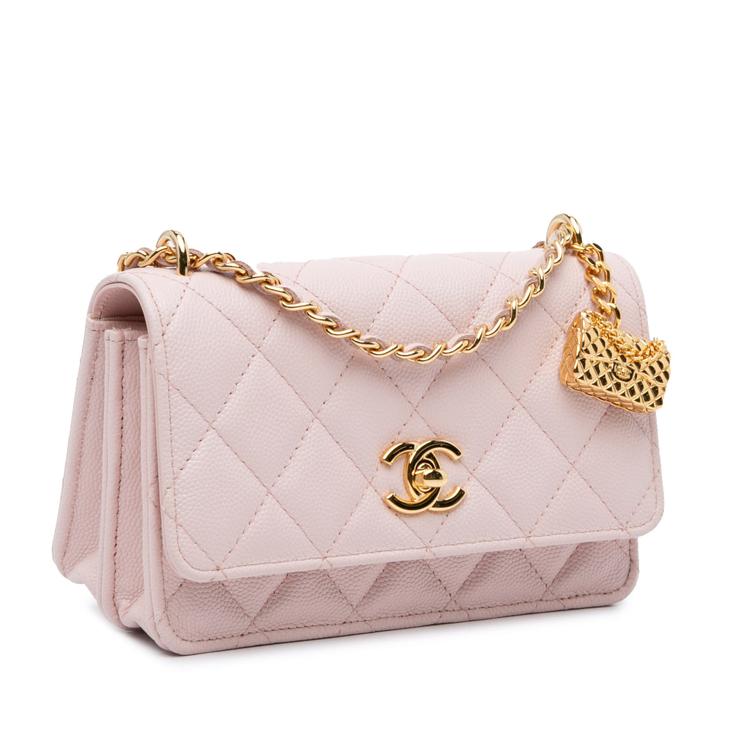 Caviar Flap Charm Wallet on Chain Pink - Gaby Paris