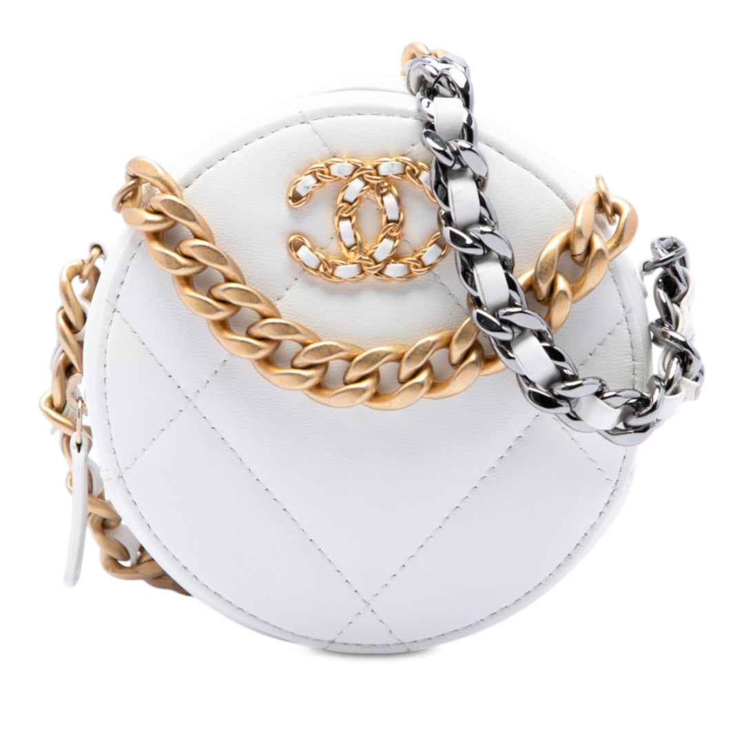 Chanel Matelassé 19 Rond Pochette avec chaîne Cuir de chèvre Blanc – vue principale – GABY PARIS
