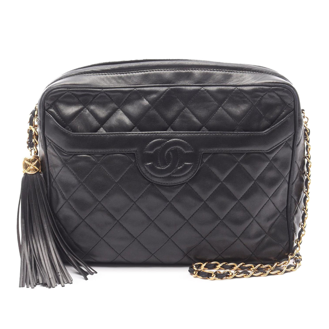 Medium CC Quilted Lambskin Tassel Camera Bag Black - Gaby Paris
