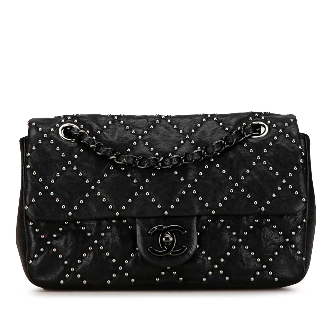 Washed Lambskin Studded Metal Beauty Flap Black - Gaby Paris