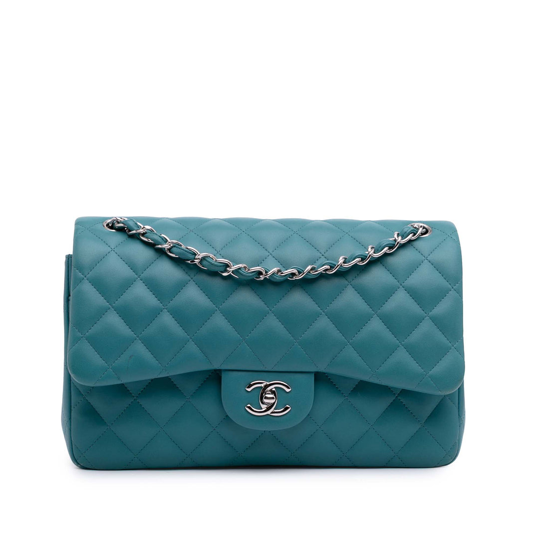 Jumbo Classic Lambskin Double Flap Blue - Gaby Paris