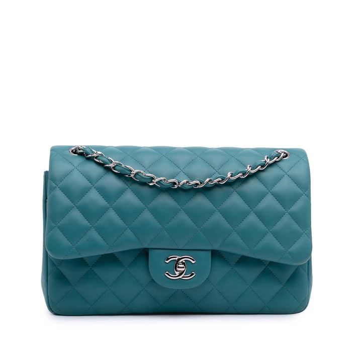 Jumbo Classic Lambskin Double Flap Blue - Gaby Paris