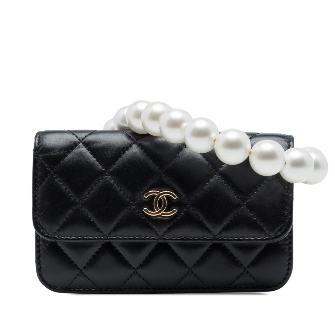 Matelassé Perles Pochette avec chaîne Maxi Cuir de veau Noir