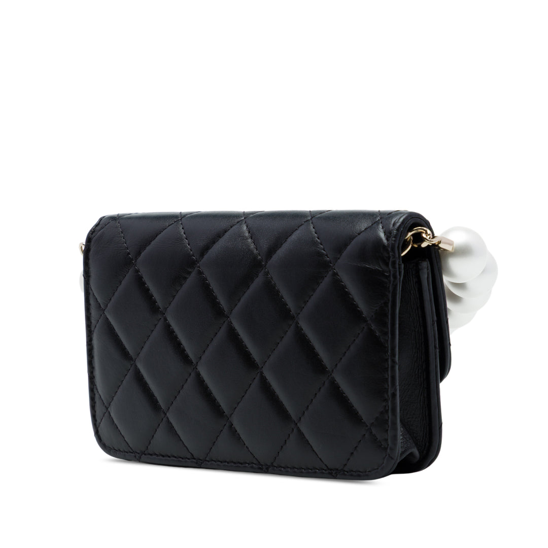 Matelassé Perles Pochette avec chaîne Maxi Cuir de veau Noir