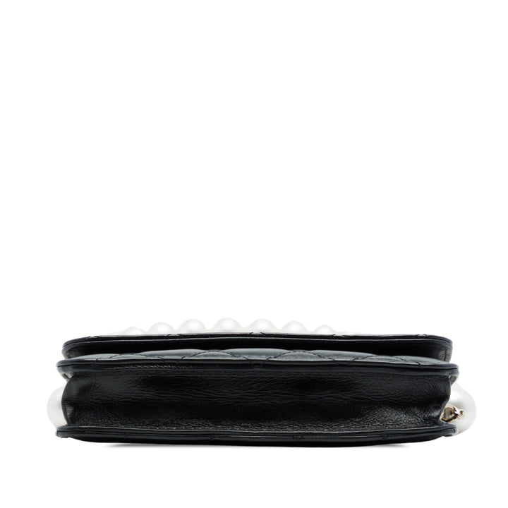 Matelassé Perles Pochette avec chaîne Maxi Cuir de veau Noir