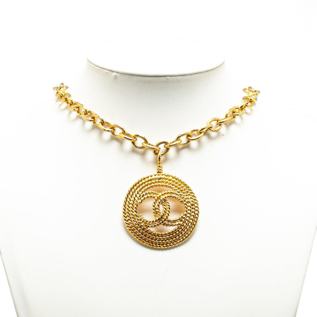 Chanel Gold Plated CC Round Pendant Necklace Gold - GABY PARIS