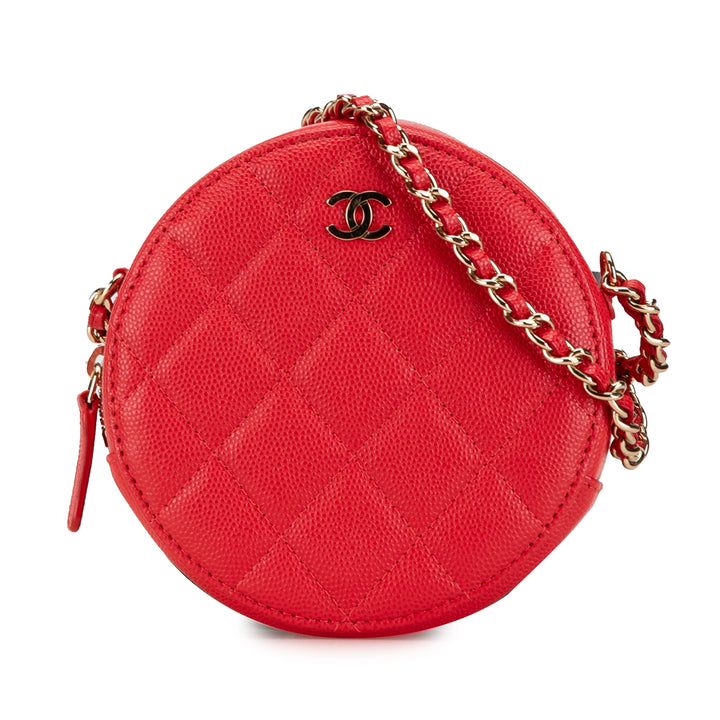 Quilted Caviar Round Clutch With Chain Red - Gaby Paris