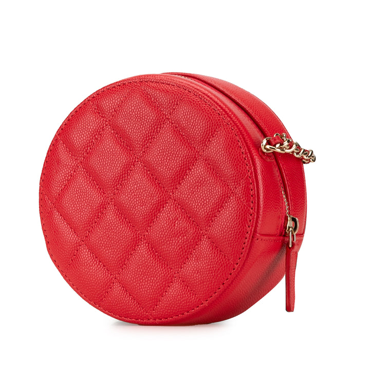 Quilted Caviar Round Clutch With Chain Red - Gaby Paris