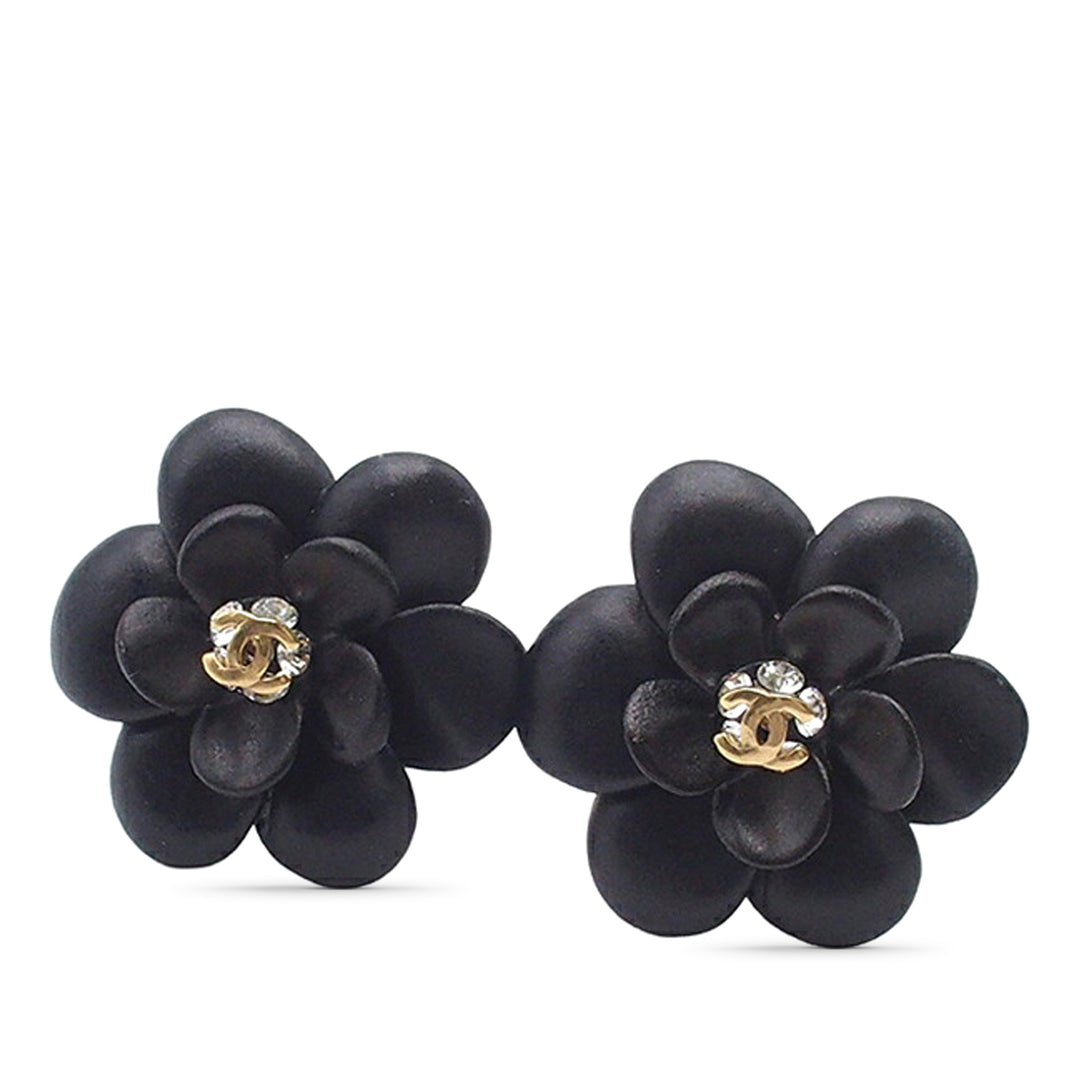 Chanel CC Resin Rhinestone Camellia Clip On Boucles d’oreilles