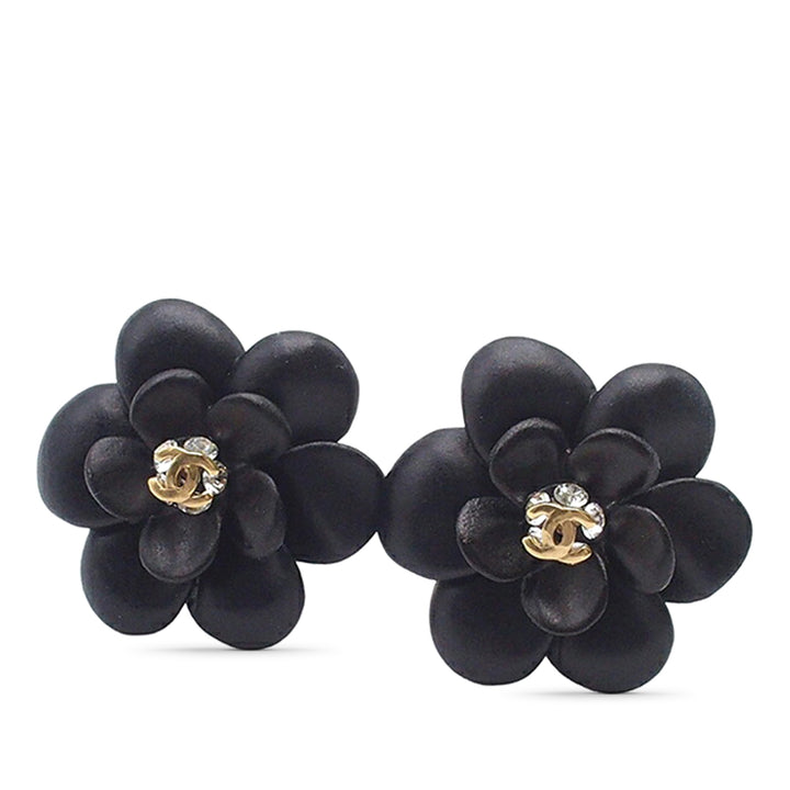 Chanel CC Resin Rhinestone Camellia Clip On Boucles d’oreilles