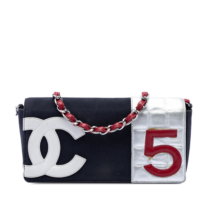 Chanel CC Toile et Chocolate Bar Metallic Cuir d’agneau No 5 à rabat