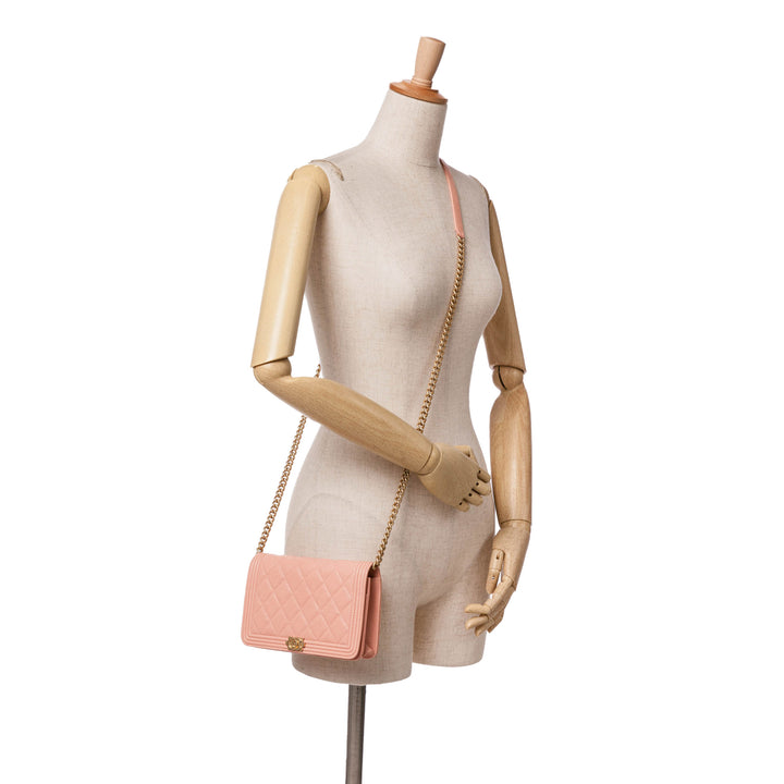 Quilted Caviar Boy Wallet on Chain Pink - Gaby Paris
