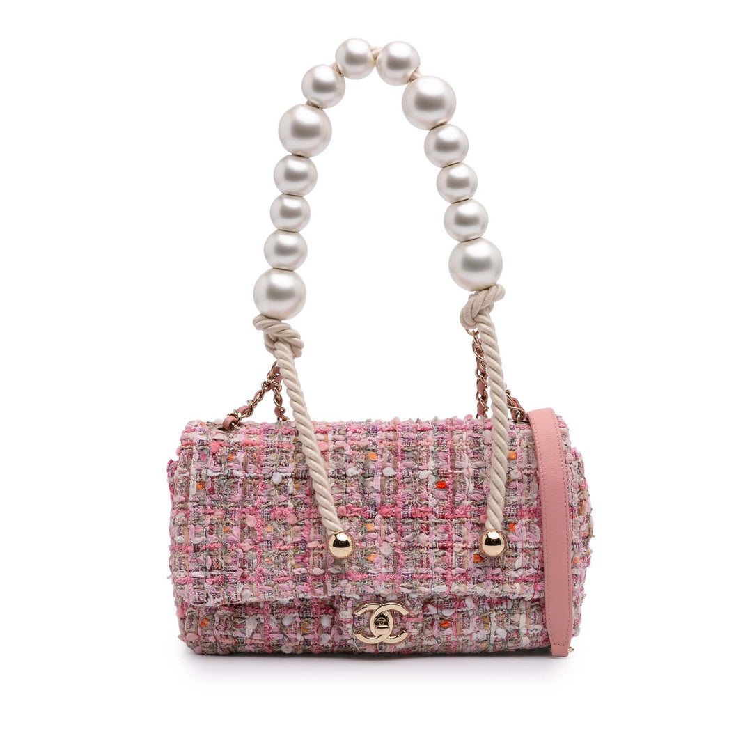Mini Tweed Pearl Top Handle Flap Pink - Gaby Paris