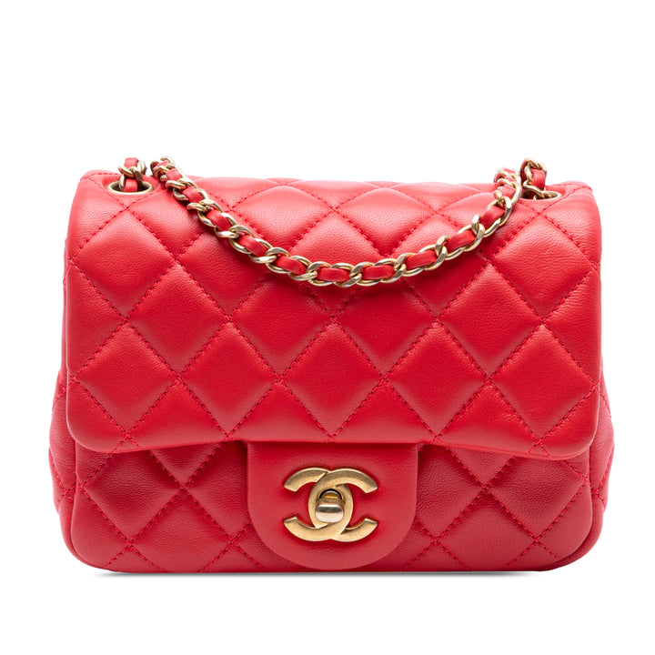 Classic Carré Perle Crush Rabat simple Mini Cuir d'agneau Rouge