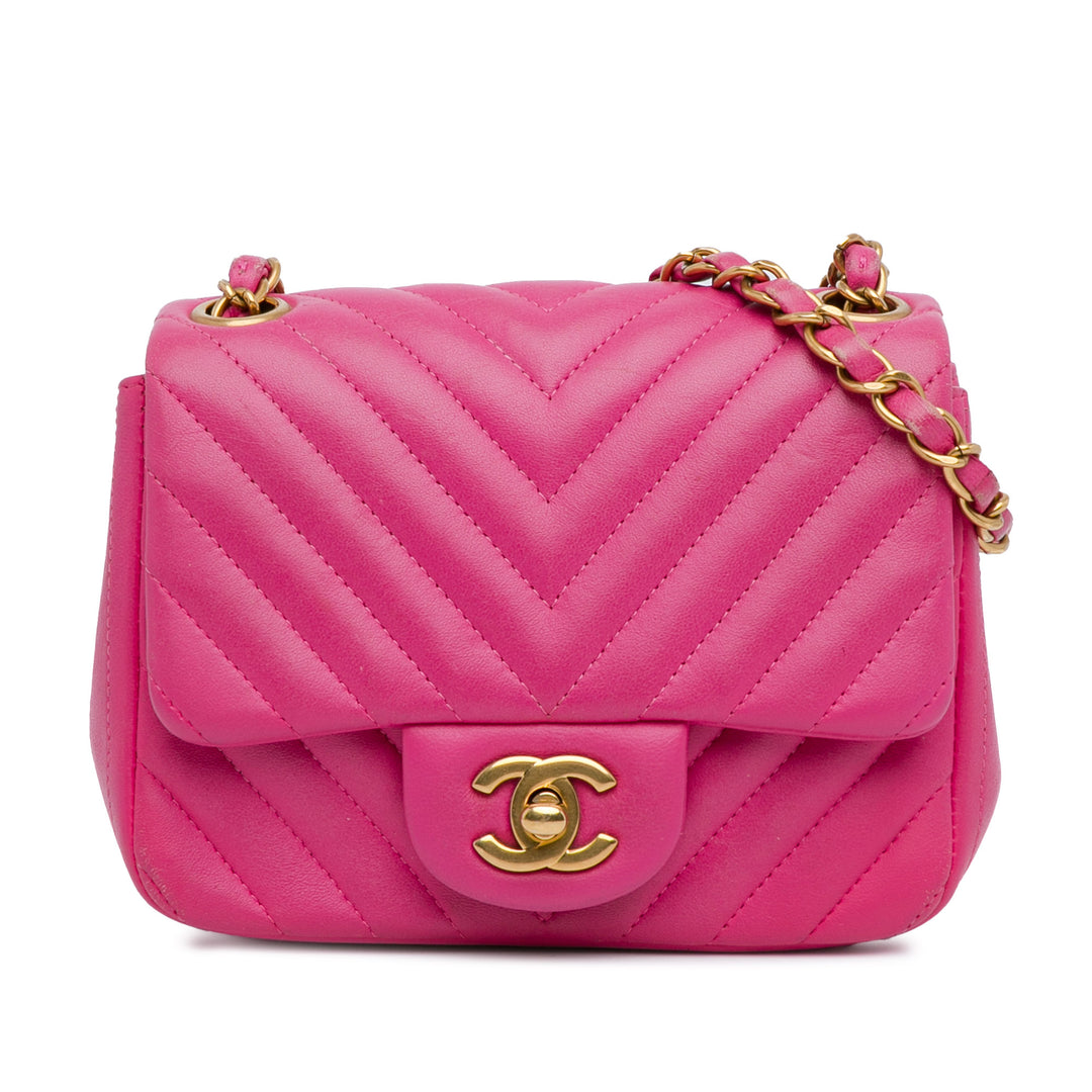 Mini Square Classic Chevron Lambskin Single Flap Pink - Gaby Paris