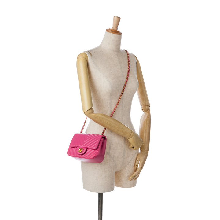 Mini Square Classic Chevron Lambskin Single Flap Pink - Gaby Paris