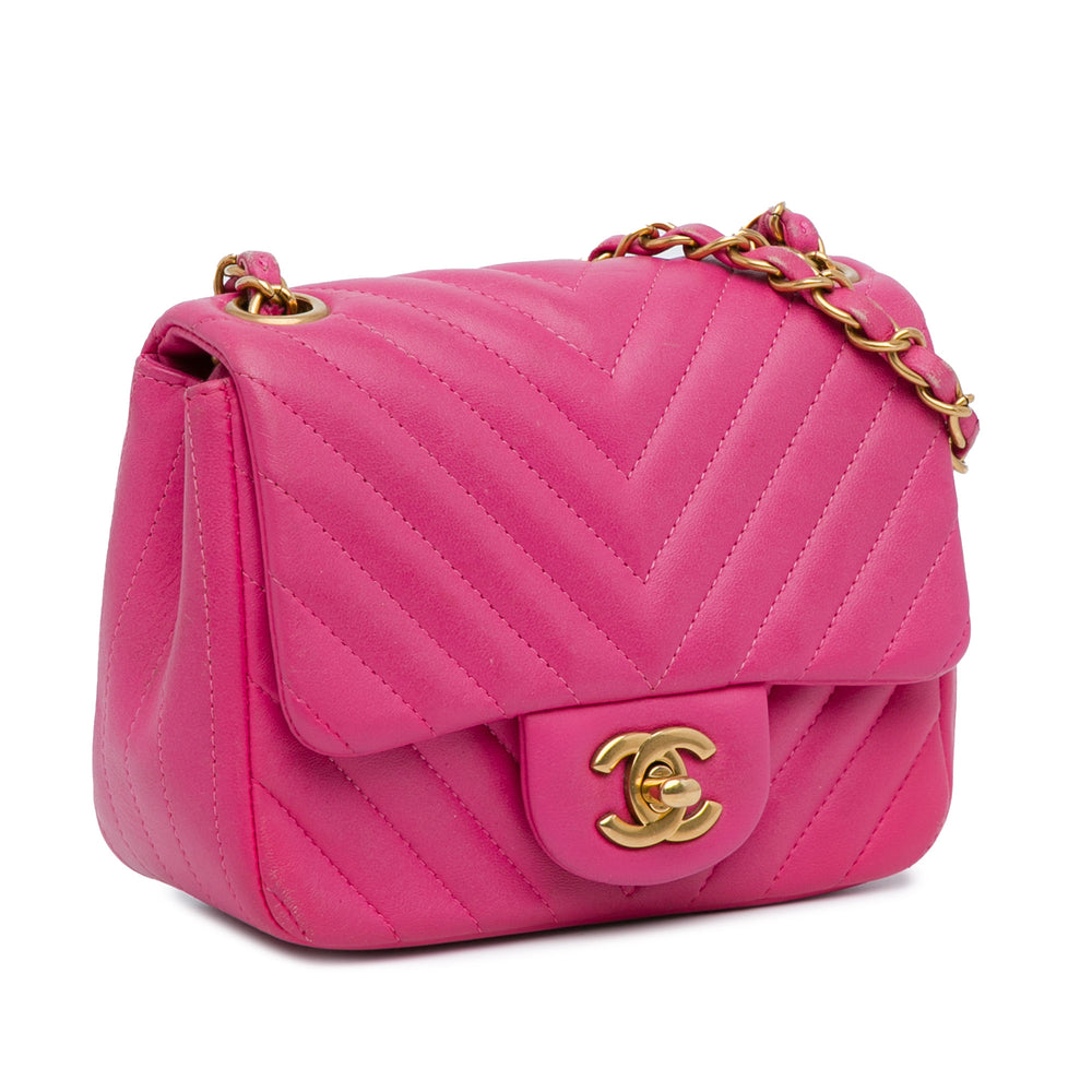 Mini Square Classic Chevron Lambskin Single Flap Pink - Gaby Paris
