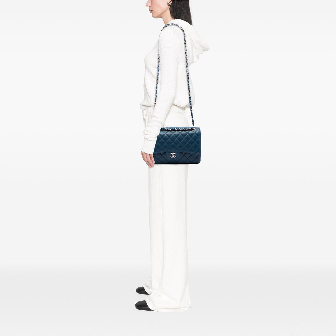 Classic Double rabat Jumbo Cuir caviar Bleu