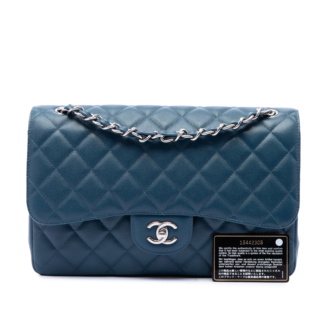 Classic Double rabat Jumbo Cuir caviar Bleu