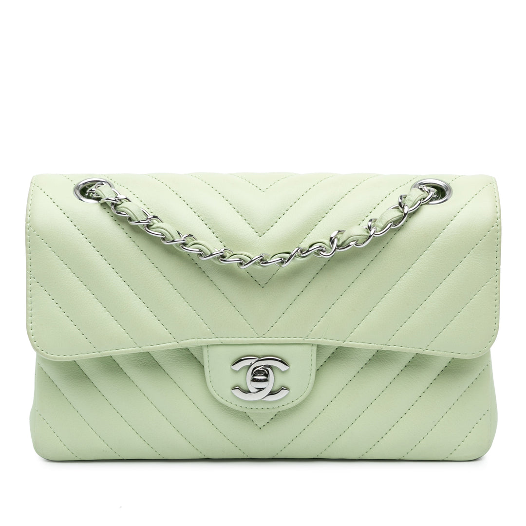 Small Classic Chevron Lambskin Double Flap Green - Gaby Paris