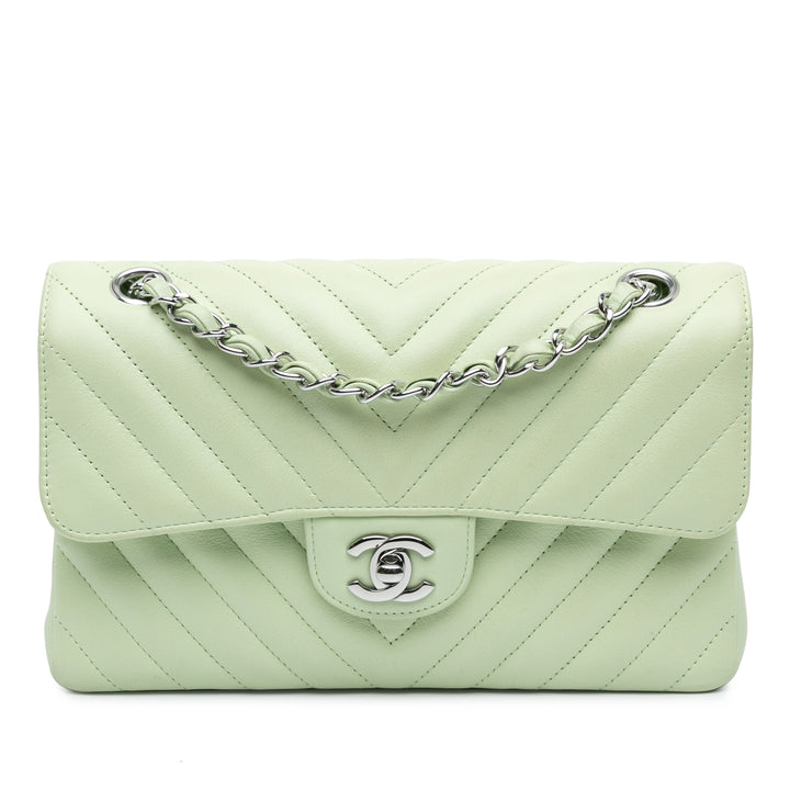 Small Classic Chevron Lambskin Double Flap Green - Gaby Paris