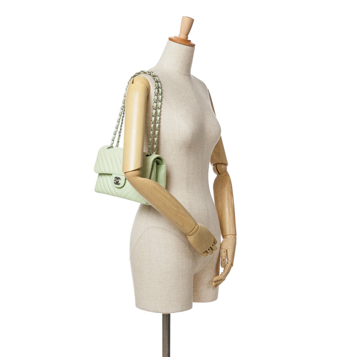 Small Classic Chevron Lambskin Double Flap Green - Gaby Paris