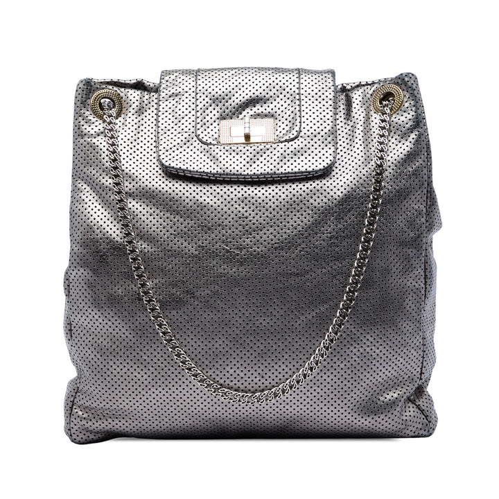 perforé Crackled Métallisé Drill Cabas Cuir de veau Argenté