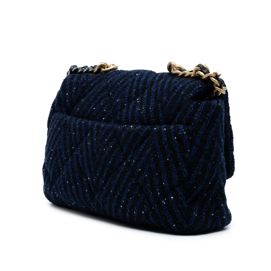 Chanel Large Chevron Tweed Sequins 19 Flap Bleu